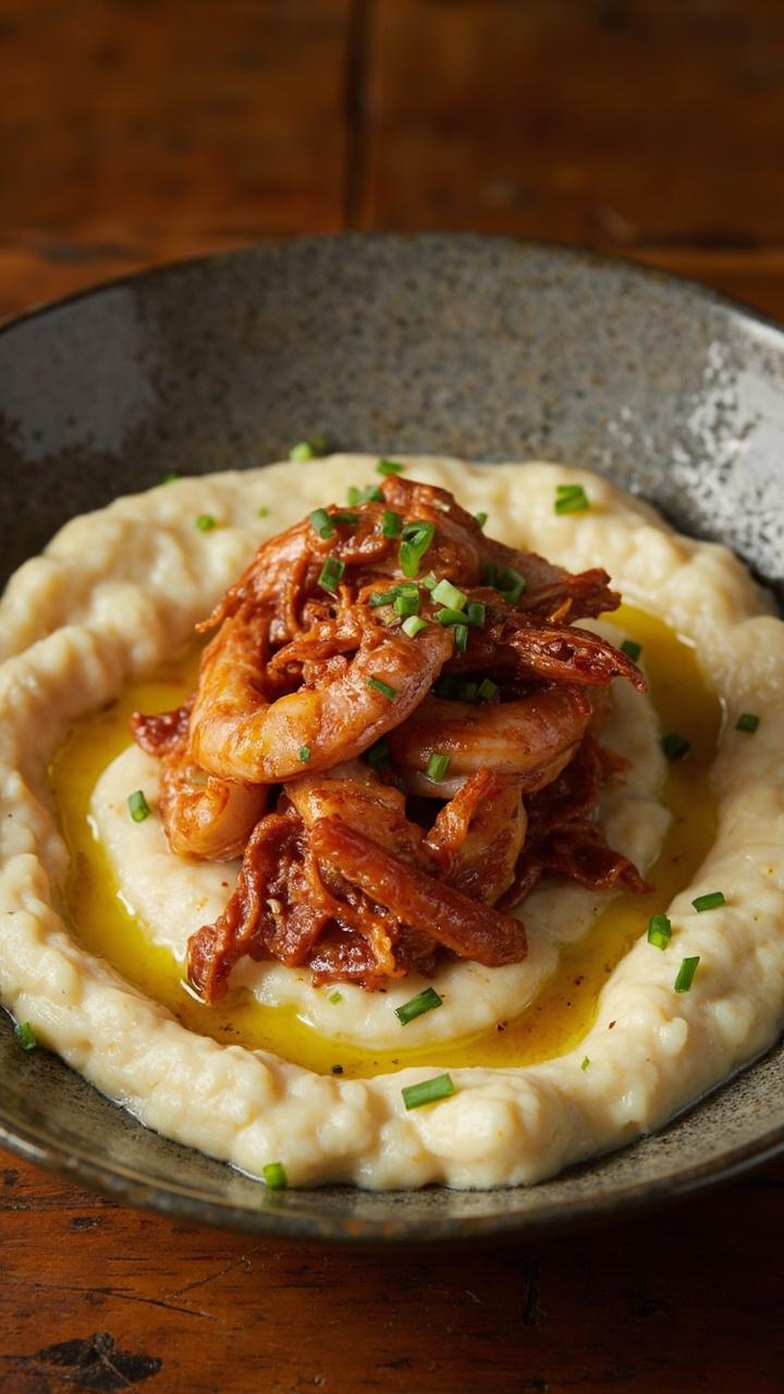 A rustic gray ceramic bowl filled with fluffy cauliflower grits, spicy reddish shrimp arranged on top, minced chives sprinkled around, and a drizzle of olive oil, set on a warm wooden table. A rustic gray ceramic bowl filled with fluffy cauliflower grits, spicy reddish shrimp arranged on top, minced chives sprinkled around, and a drizzle of olive oil, set on a warm wooden table.