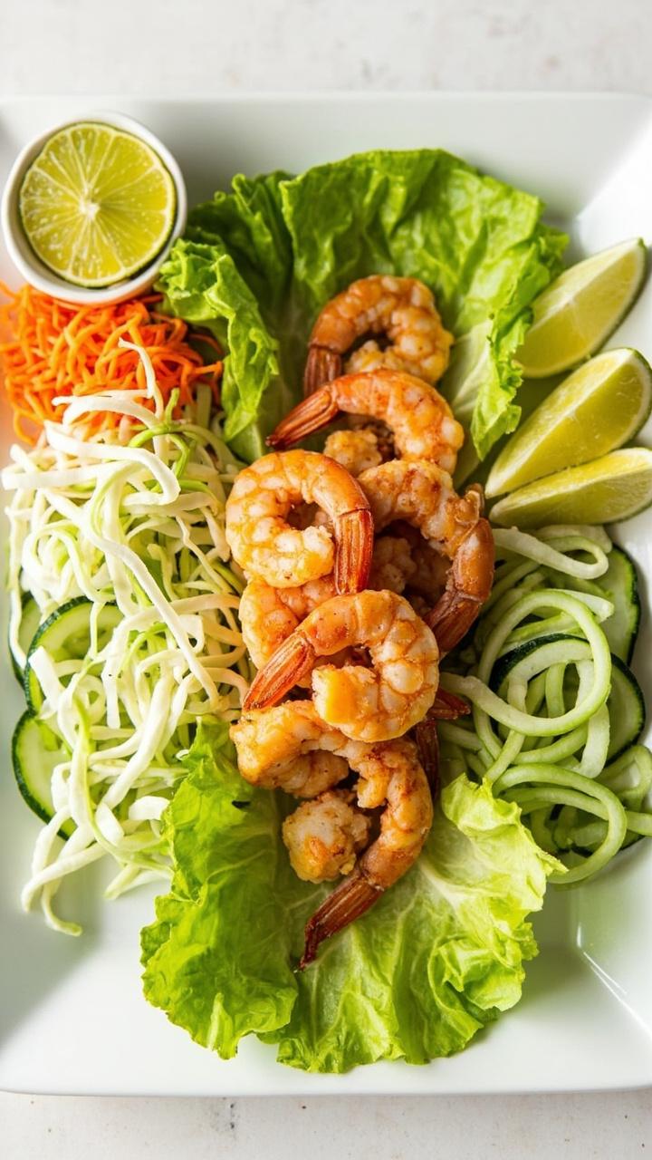 A platter with bright green butter lettuce leaves, golden crispy shrimp, shredded carrots, cucumber ribbons, and a small bowl of lime wedges, arranged in neat sections for assembling wraps. A platter with bright green butter lettuce leaves, golden crispy shrimp, shredded carrots, cucumber ribbons, and a small bowl of lime wedges, arranged in neat sections for assembling wraps.