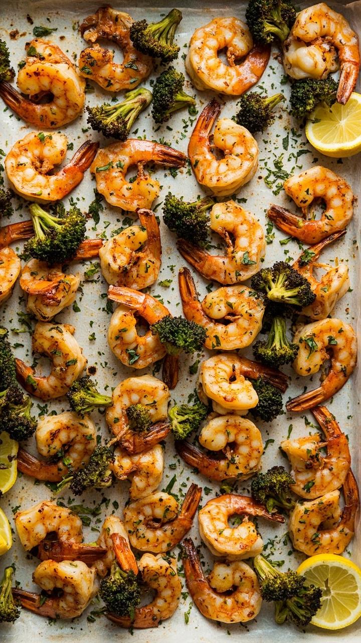 A parchment-lined baking sheet with golden shrimp and roasted broccoli florets, all dusted with fresh chopped dill and parsley, lemon wedges scattered on the side, everything arranged in tidy rows. A parchment-lined baking sheet with golden shrimp and roasted broccoli florets, all dusted with fresh chopped dill and parsley, lemon wedges scattered on the side, everything arranged in tidy rows.