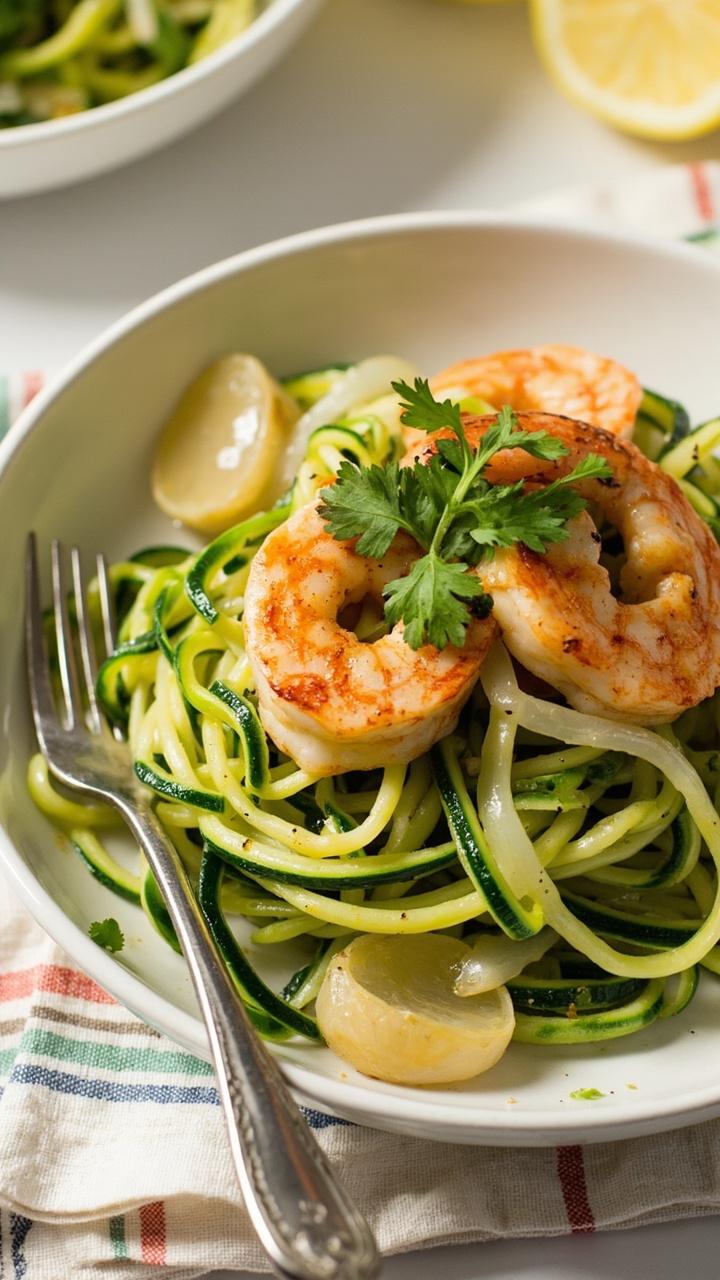 A coil of glossy zucchini noodles in a shallow white bowl, topped with golden sautéed shrimp, parsley, and a few sliced garlic cloves, with a light sheen of lemony olive oil, served with a fork on a striped napkin. A coil of glossy zucchini noodles in a shallow white bowl, topped with golden sautéed shrimp, parsley, and a few sliced garlic cloves, with a light sheen of lemony olive oil, served with a fork on a striped napkin.