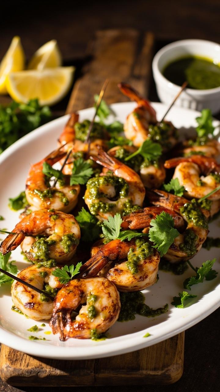 A white platter stacked with skewered grilled shrimp, glistening with vivid green chimichurri, topped with fresh parsley, set on a simple wooden board beside a small bowl of extra sauce and lemon wedges. A white platter stacked with skewered grilled shrimp, glistening with vivid green chimichurri, topped with fresh parsley, set on a simple wooden board beside a small bowl of extra sauce and lemon wedges.