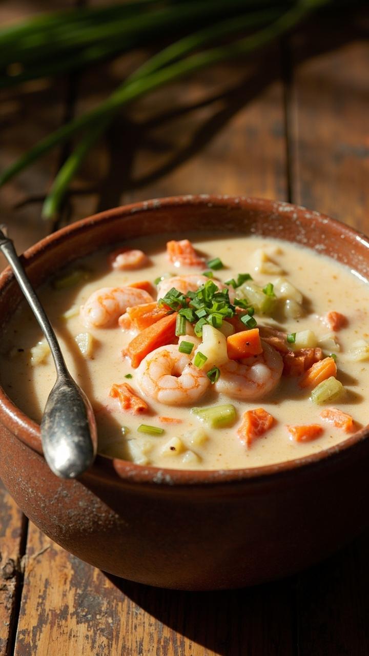 A deep, rustic pottery bowl brimming with thick, creamy chowder, visible chunks of pink shrimp, diced carrots, celery, potato, topped with chopped chives, with a spoon nestled in the bowl’s edge. A deep, rustic pottery bowl brimming with thick, creamy chowder, visible chunks of pink shrimp, diced carrots, celery, potato, topped with chopped chives, with a spoon nestled in the bowl’s edge.