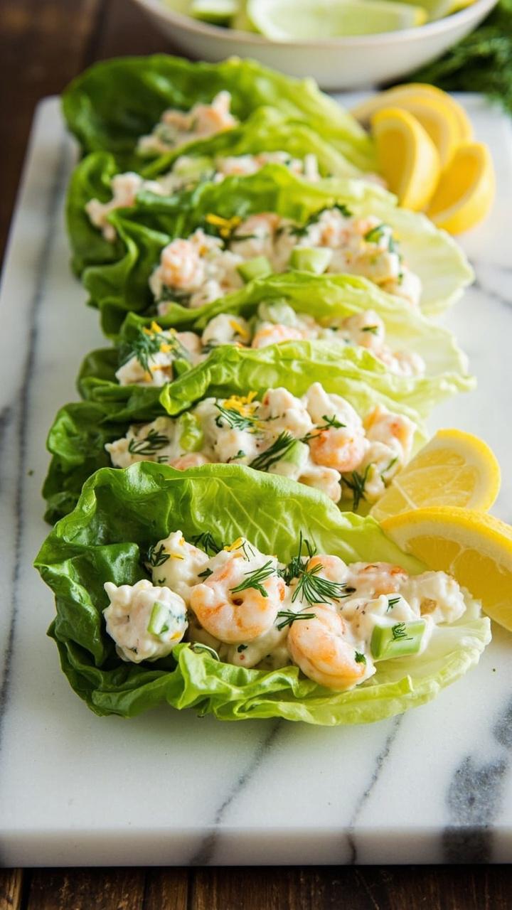 A platter of lettuce boats—romaine hearts filled with creamy mayonnaise-based shrimp salad flecked with dill, celery, and lemon zest, all arranged in a tidy row on a marble board with lemon wedges alongside. A platter of lettuce boats—romaine hearts filled with creamy mayonnaise-based shrimp salad flecked with dill, celery, and lemon zest, all arranged in a tidy row on a marble board with lemon wedges alongside.