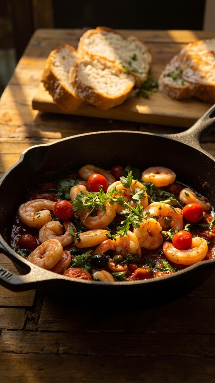 A wide, shallow skillet filled with pink shrimp simmered with cherry tomatoes, olives, spinach, and capers, all topped with chopped parsley and set alongside a rustic bread board. A wide, shallow skillet filled with pink shrimp simmered with cherry tomatoes, olives, spinach, and capers, all topped with chopped parsley and set alongside a rustic bread board.