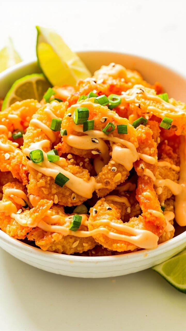 A white bowl piled high with crispy, golden-coasted shrimp, drizzled with a creamy, spicy sauce, sesame seeds and chopped green onions on top, lime wedges arranged around the bowl. A white bowl piled high with crispy, golden-coasted shrimp, drizzled with a creamy, spicy sauce, sesame seeds and chopped green onions on top, lime wedges arranged around the bowl.