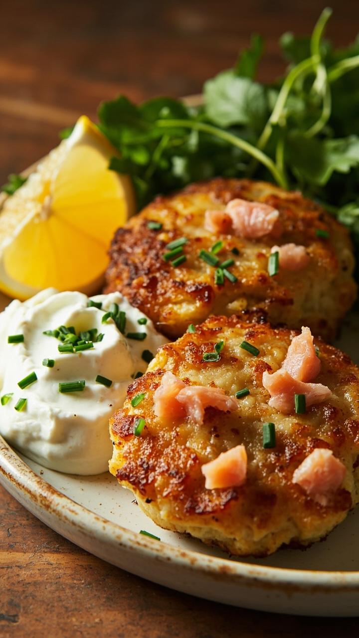 Golden-brown potato cakes studded with pink flakes of salmon, sitting on a rustic white plate. A dollop of sour cream on the side, sprinkled with chives. A lemon wedge and fresh greens adding a pop of color.