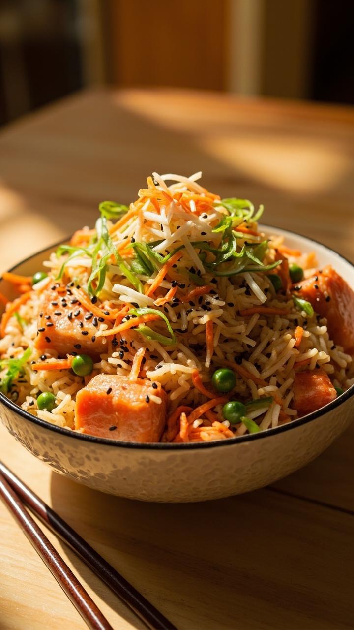 Colorful stir-fried rice dotting a wide bowl, salmon chunks nestled among peas, carrots, and green onion, garnished with sesame seeds. Chopsticks rest beside the bowl on a pale wood table.