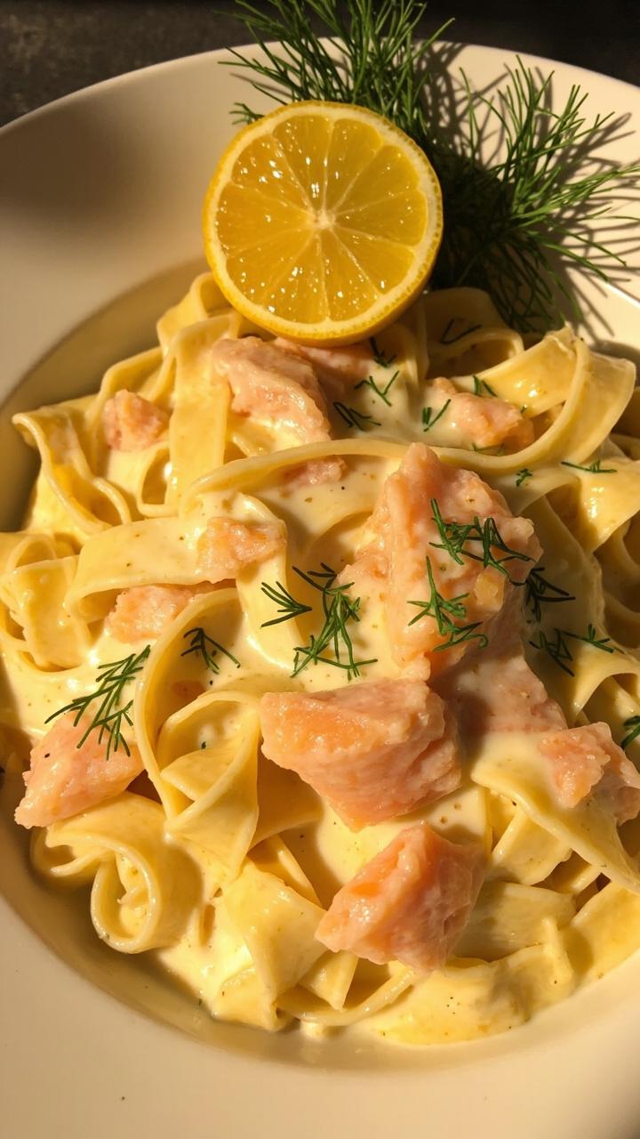 Tagliatelle pasta twirled in creamy white sauce with rosy salmon flakes, fresh dill scattered on top. Served in a shallow bowl, with a wedge of lemon and sprig of dill as garnish.