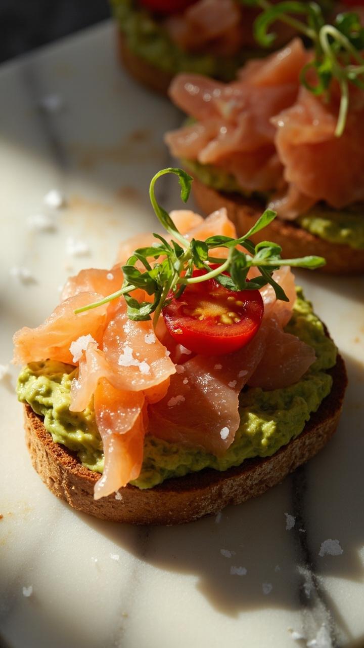 Toasted sourdough bread topped with mashed avocado and thick flakes of salmon. Garnished with cherry tomato halves, flaky sea salt, and microgreens, set on a marble slab.