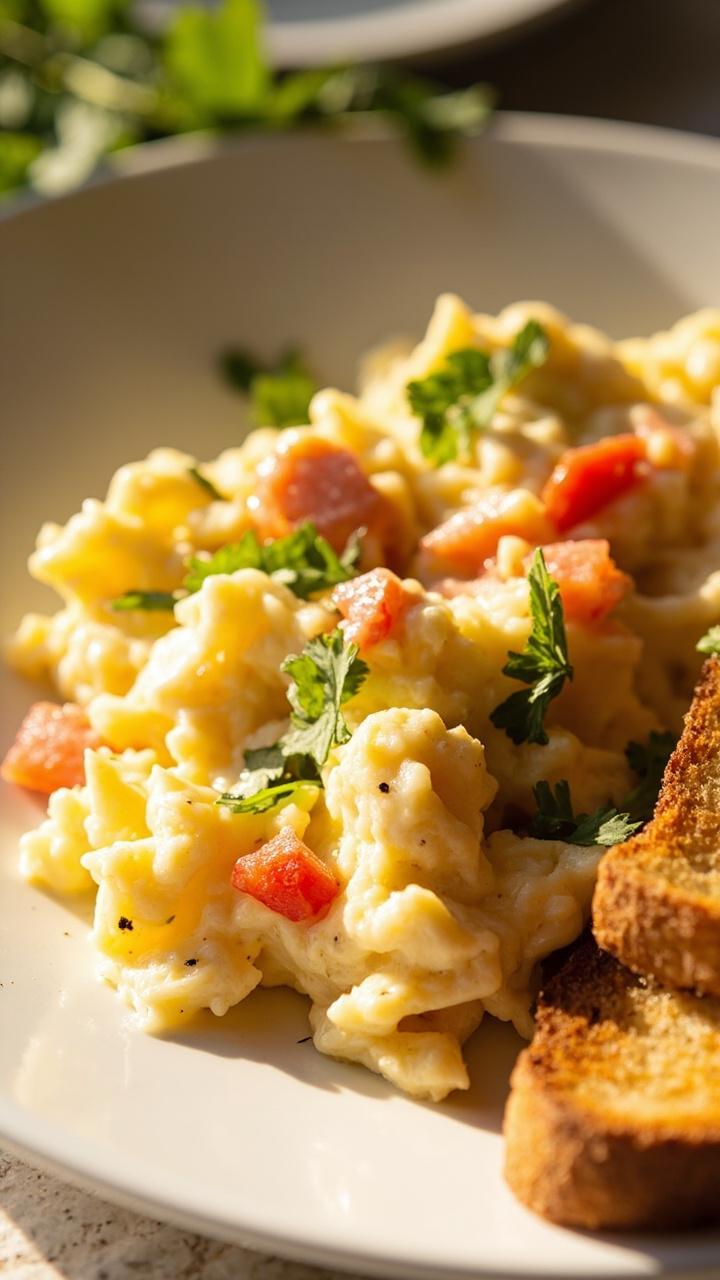 A fluffy egg scramble with pearly pink salmon, bits of red bell pepper, and green herbs, served on a white plate with buttered toast on the side.