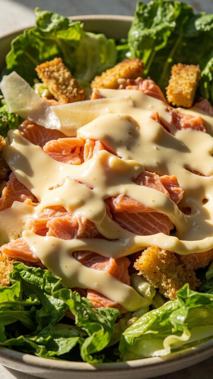 Chopped romaine lettuce piled in a wide bowl, topped with generous pink salmon flakes, golden croutons, shaved parmesan, and a drizzle of creamy Caesar dressing.