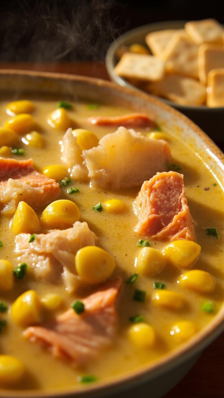 A creamy bowl of chowder with visible corn kernels, salmon chunks, diced potatoes, and flecks of green herbs, served with oyster crackers on the side.
