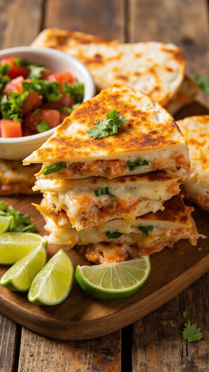 Golden, wedge-cut quesadillas with salmon, melted cheese, and bits of green onion, stacked on a wood board with a side of salsa and sliced lime.