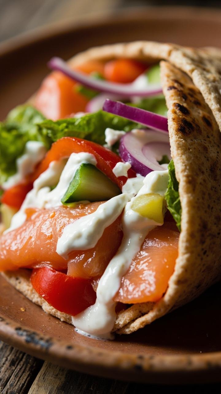 Whole wheat pita pockets stuffed with chunks of salmon, cucumber, tomato, red onion, and a drizzle of tzatziki, all peeking out from a cut half on a ceramic plate.