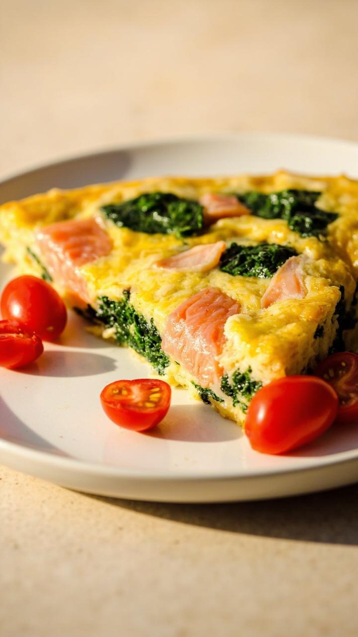 A thick wedge of golden frittata with visible salmon flakes and leafy spinach, set on a white plate with a scattering of cherry tomato halves.