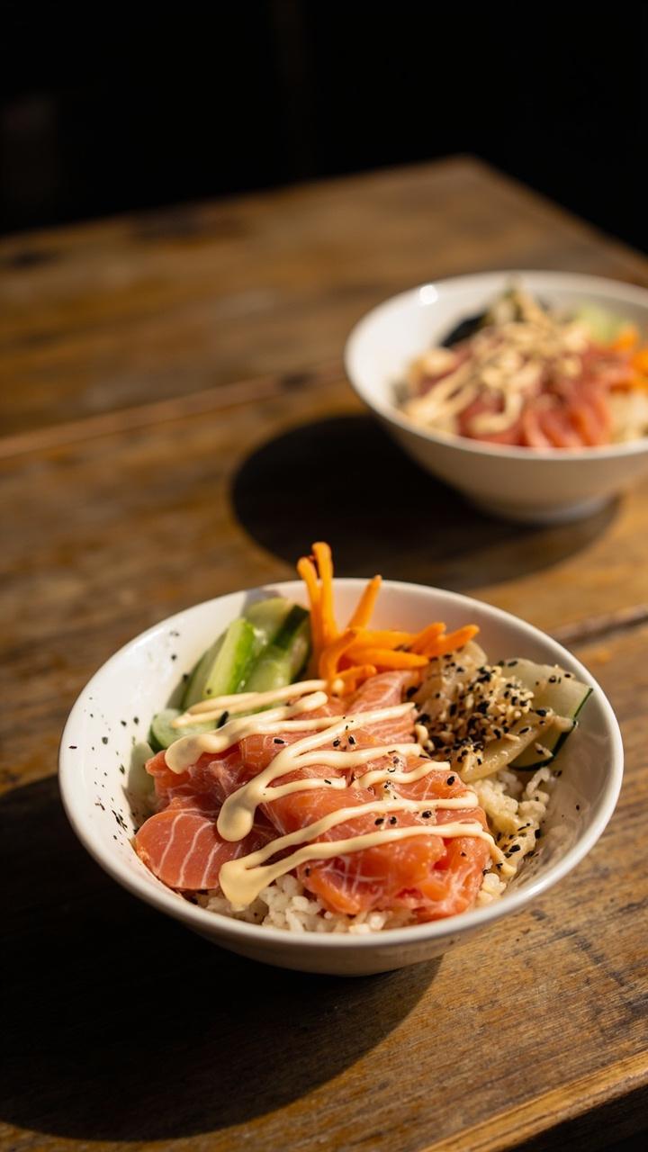 White bowls filled with steamed rice, pink flakes of salmon on top, quick-pickled cucumbers and carrots on one side, a drizzle of sriracha mayo, and a sprinkle of sesame seeds.