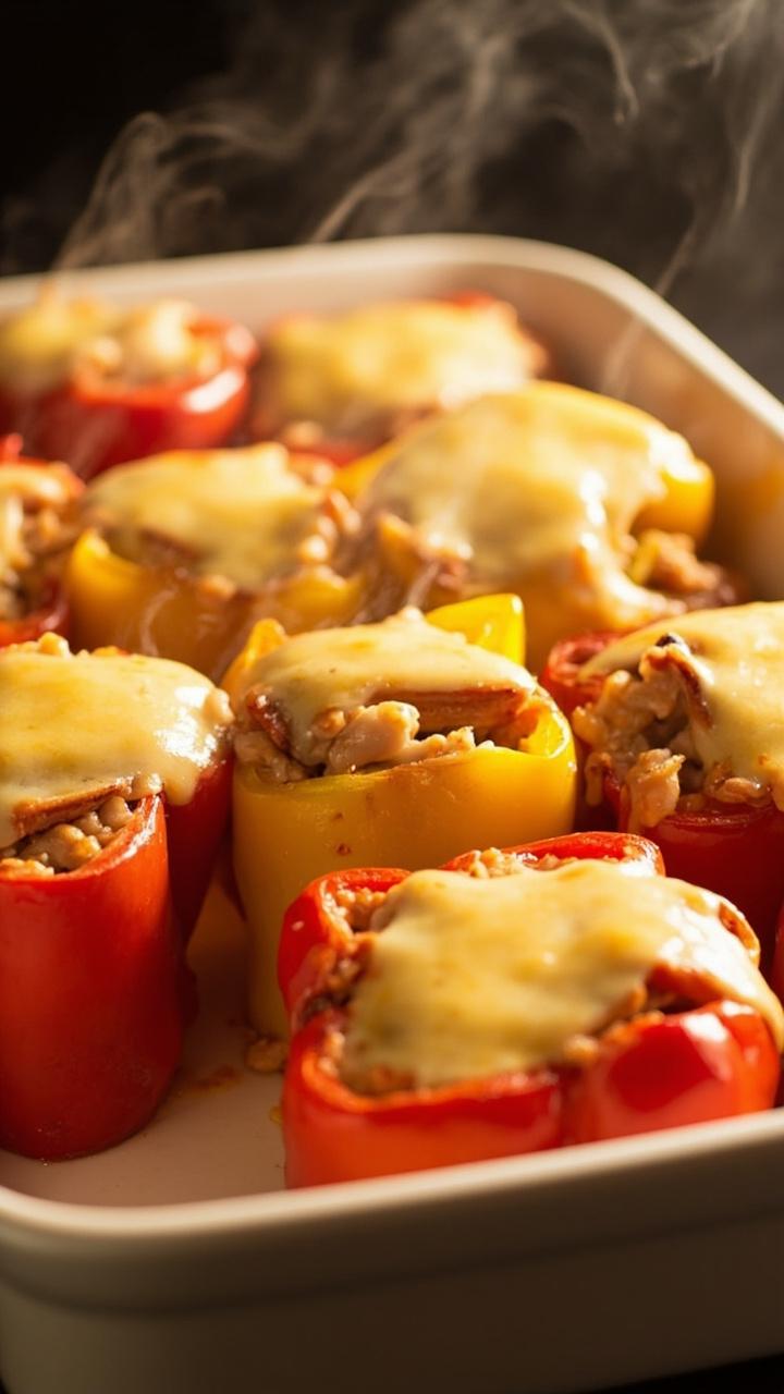 Halved bell peppers in red and yellow, stuffed with a rice and salmon mixture, cheese melted bubbly on top, sitting in a white baking dish just out of the oven.