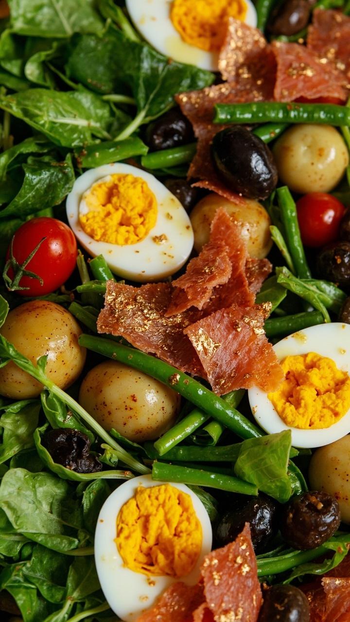 Arranged platter with greens, green beans, small new potatoes, hard-boiled eggs halved, cherry tomatoes, olives, and bronze-pink salmon flakes. Drizzled with vinaigrette.