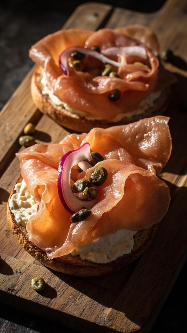 Toasted sliced bagel generously spread with cream cheese, thick slices of salmon, thinly sliced red onions and capers on top, arranged on a breakfast tray.