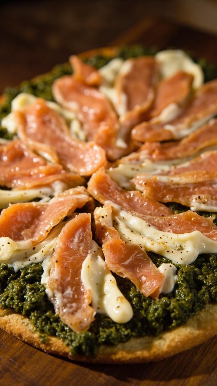 Flatbread rounds baked crisp, topped with a generous spread of green pesto, scattered flaked salmon, and bubby melted mozzarella, cut into wedges on a wooden board.