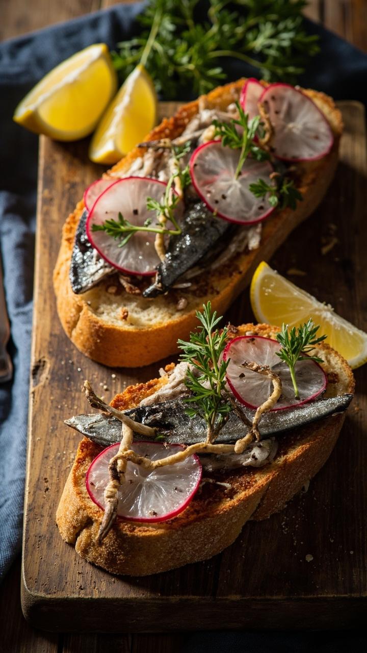 Two thick slices of rustic bread toasted golden, topped with glistening sardine fillets, sliced radishes, and a sprinkle of fresh herbs, with lemon wedges on the side. The toasts are arranged on a wooden board with a blue linen napkin.