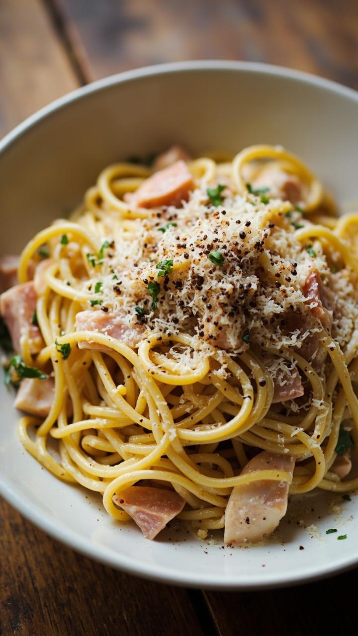 A white bowl piled high with twirled spaghetti, coated in a creamy sauce with chunks of tuna and flecks of parsley, topped with grated Parmesan and a scatter of black pepper.