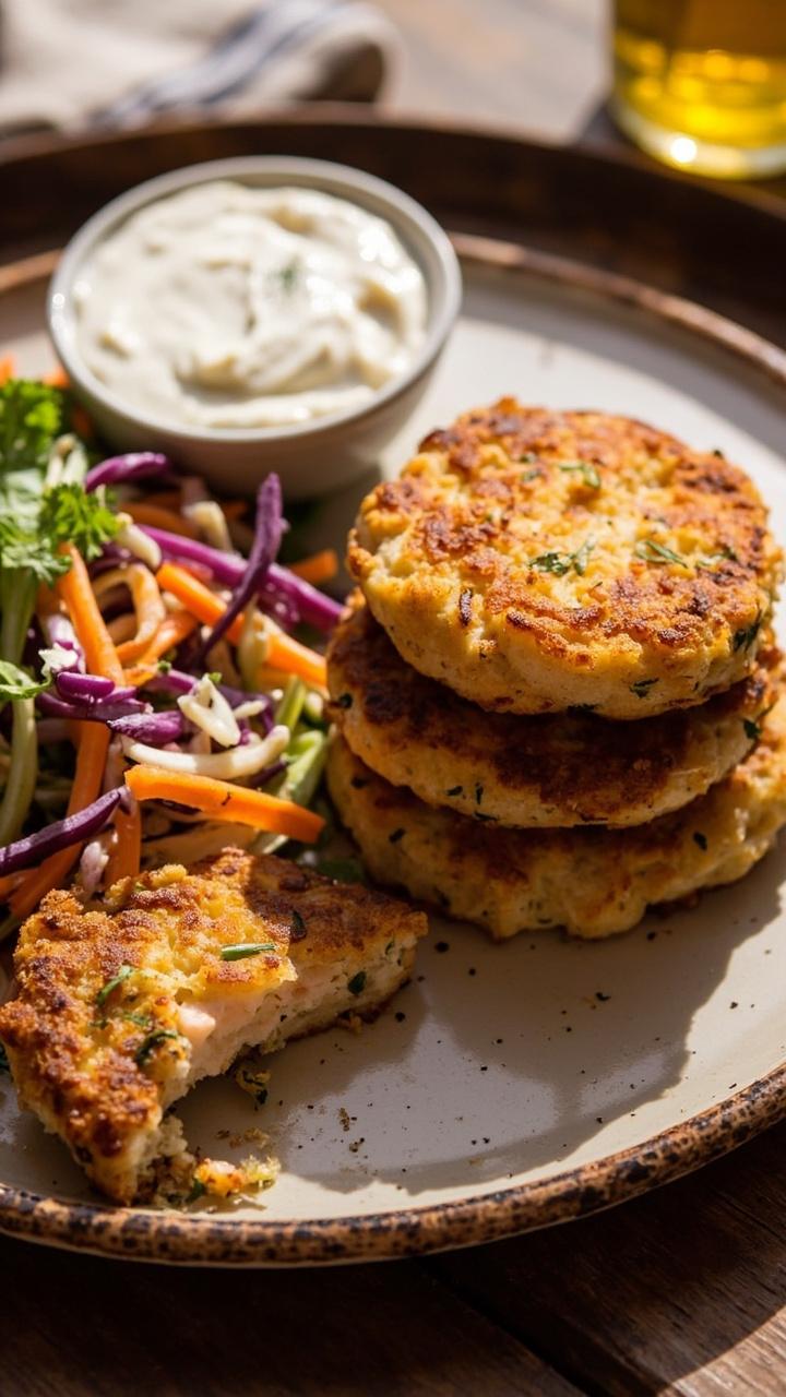 Golden-brown salmon patties stacked on a ceramic plate, served beside a colorful slaw of purple cabbage, carrots, and parsley with a dollop of creamy sauce on the side.