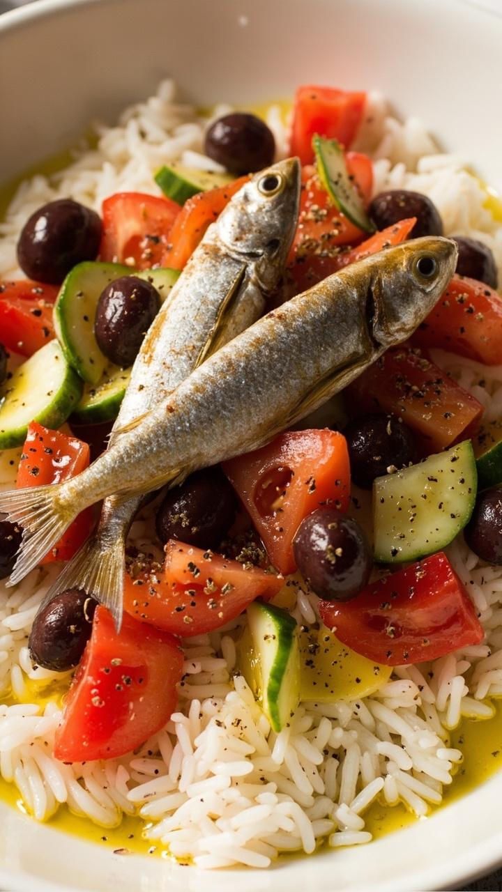 A shallow white bowl filled with fluffy rice, topped with tomato wedges, glossy sardine fillets, kalamata olives, and sliced cucumbers, all drizzled with olive oil and a sprinkle of oregano.