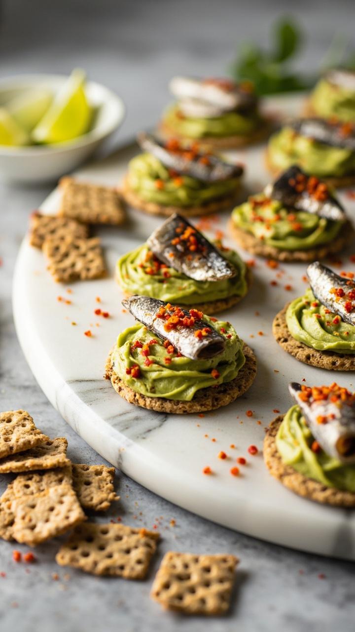 Round whole grain crackers arranged on a marble board, each topped with a layer of mashed avocado, a small sardine fillet, and a dusting of chili flakes. Lime wedges and extra crackers on the side.