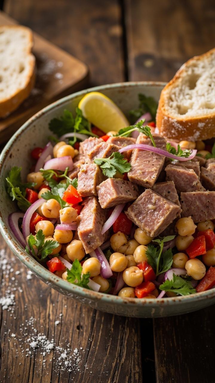 A large shallow salad bowl brimming with chickpeas, tuna chunks, chopped red peppers, red onion slices, and parsley, lightly dressed with olive oil and lemon juice. Crusty bread sits nearby.