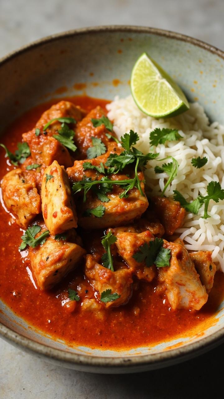 A shallow bowl of tomato-based curry with tender flakes of mackerel, served over steaming white rice with a sprinkle of chopped cilantro and a wedge of lime on the rim.