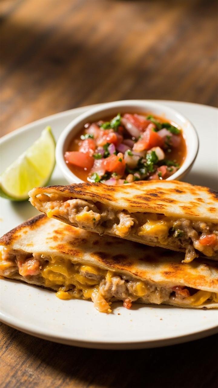 Two quesadilla wedges oozing melted cheese and tuna filling, golden and crispy, stacked on a round plate with salsa and lime wedges on the side.