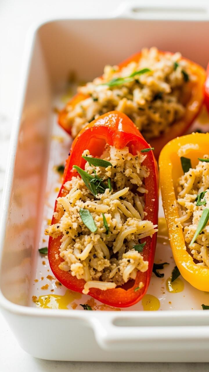 Three bell peppers, halved and roasted, stuffed with a mixture of tuna, rice, and herbs, finished with a light dusting of breadcrumbs and a drizzle of olive oil, set on a white baking dish.