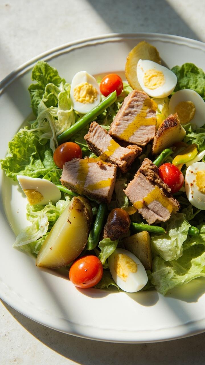 A large wide salad plate with lettuce leaves on the bottom, wedges of boiled potato, green beans, halved cherry tomatoes, hard-boiled eggs, and chunks of tuna artfully arranged, drizzled with vinaigrette.
