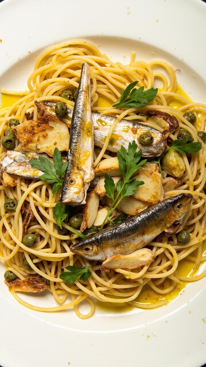 A mound of spaghetti on a large white plate, tossed with flaked sardines, sautéed garlic, capers, and flat-leaf parsley, with a bright drizzle of olive oil sparkling on top.