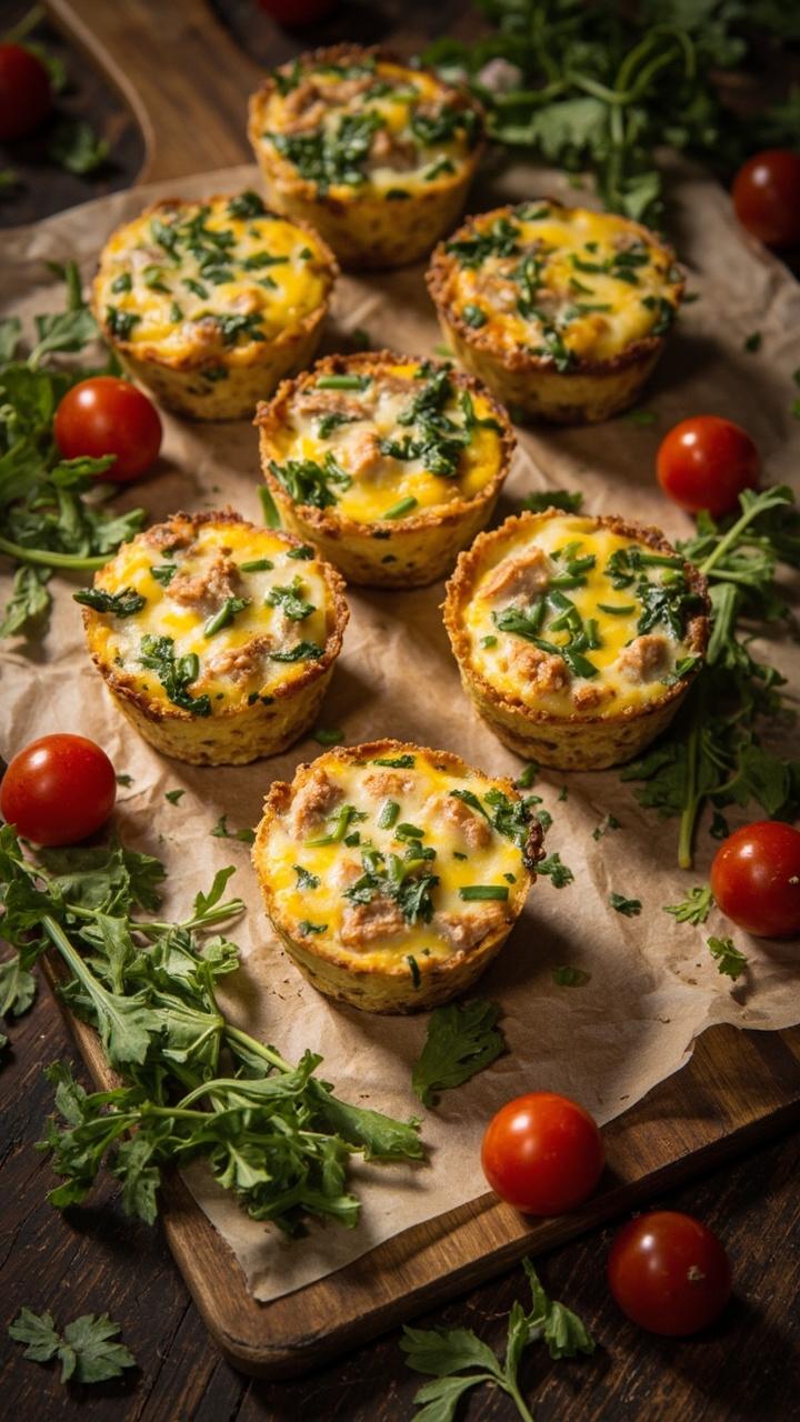Six egg muffins speckled with green herbs and bits of tuna on a parchment-lined board, with grape tomatoes and arugula scattered around for a pop of color.