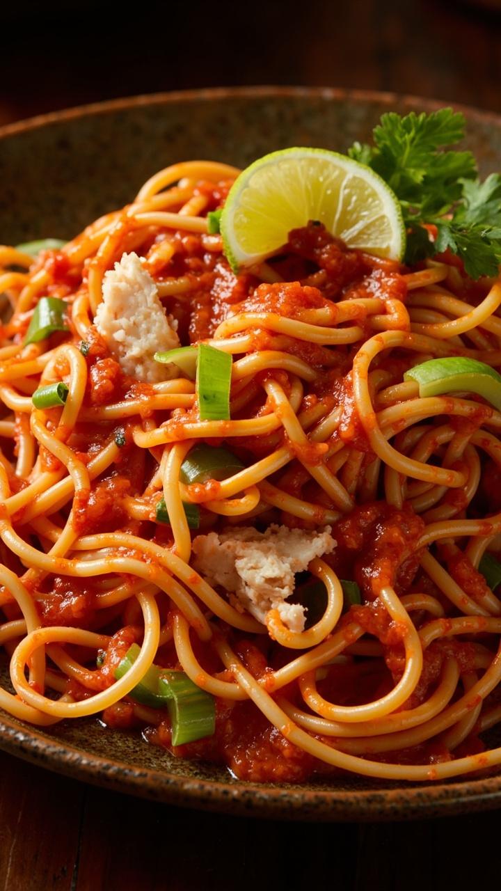 Twists of spaghetti coated in a reddish chili-tomato sauce, studded with crab chunks and thinly sliced scallions. Served in a shallow bowl, topped with crescent lime wedges and a few sprigs of cilantro.