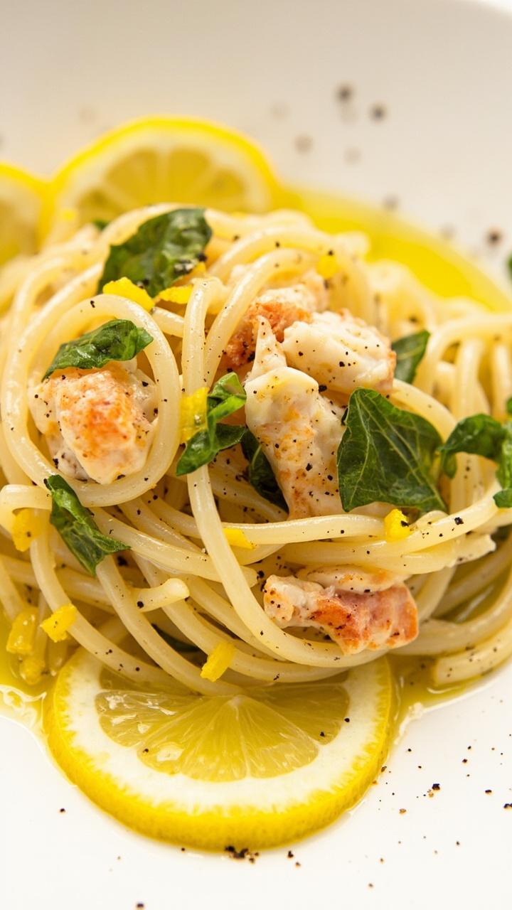 Thin strands of linguine tossed with glistening pieces of crab, finely grated lemon zest, flecks of fresh basil, and drizzled in a light olive oil dressing. Served in a wide shallow bowl with extra lemon slices and a sprinkle of cracked pepper.