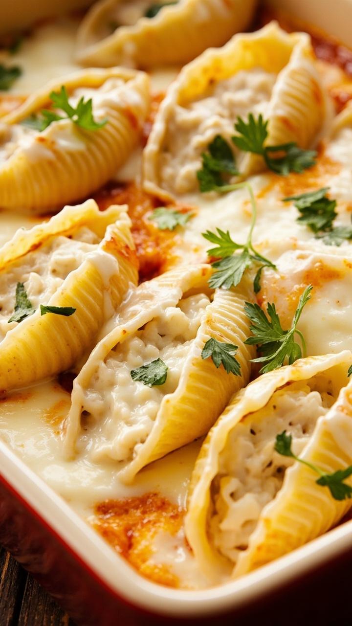 Large pasta shells snuggled tightly in a baking dish, each one overflowing with a creamy, white crab-ricotta mixture, and blanketed in bubbly melted mozzarella. Scattered parsley adds color.