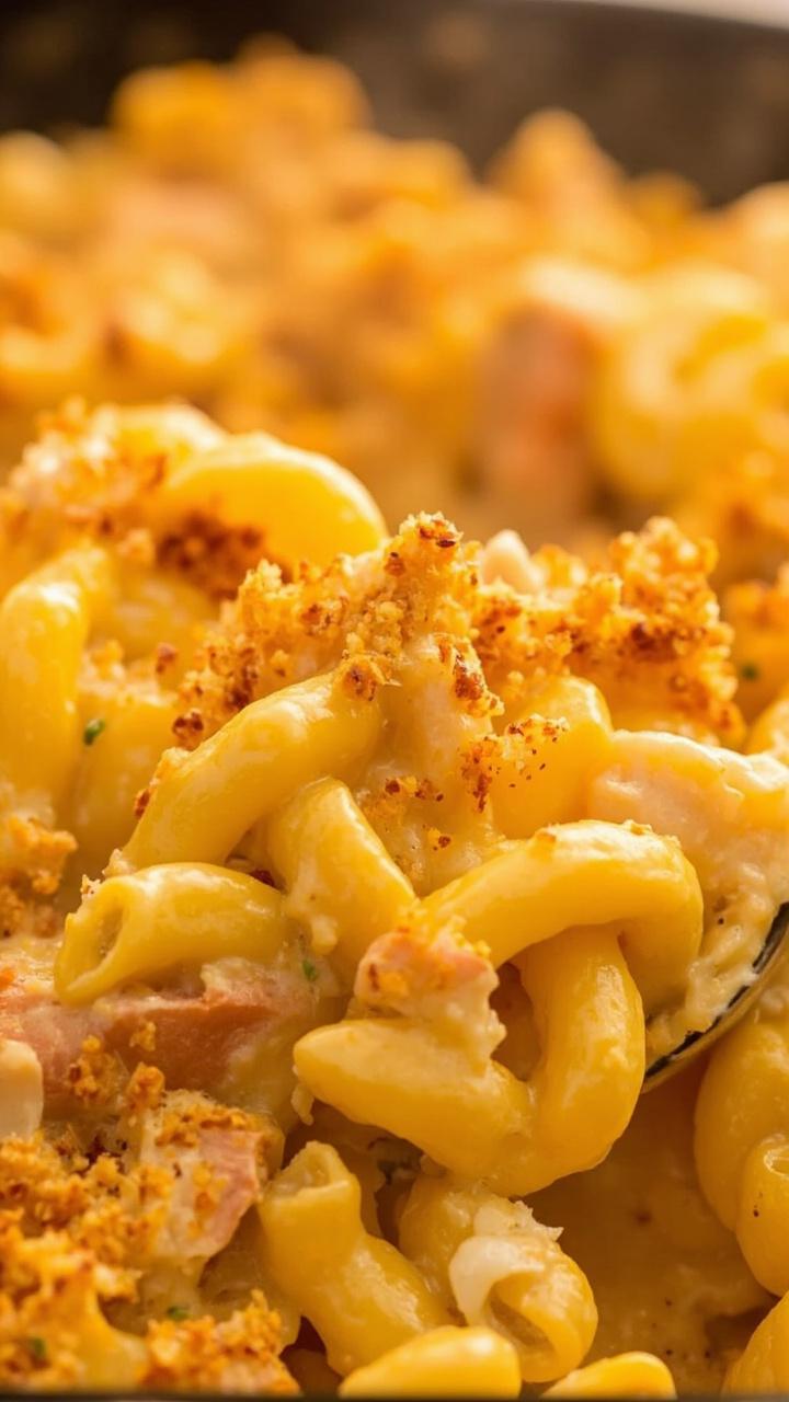 A casserole dish of elbow macaroni coated in creamy, golden cheese sauce, with visible pink crab pieces and a crunchy, toasted breadcrumb top. Served hot in big scoops.
