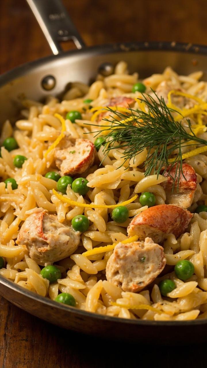 A big family-style sauté pan filled with creamy, pearl-shaped orzo, studded with crab and green peas. Garnished with lemon zest and a scatter of fresh dill.