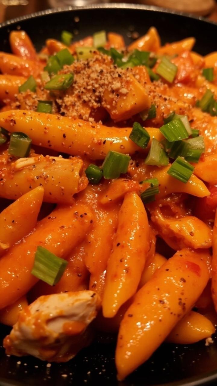 A rustic plate of penne pasta in a rich, reddish-orange creamy sauce, dotted with crab, bell pepper strips, and chopped green onions. Sprinkled with Cajun seasoning.