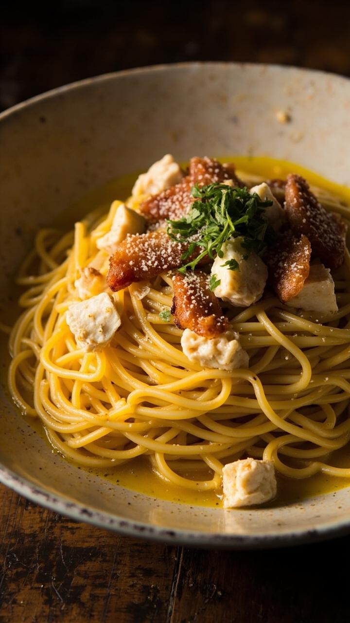 A shallow, wide pasta bowl with spaghetti coated in glossy yellow sauce, chunks of crab, crisped pancetta, and a shower of black pepper. Sprinkled chopped parsley on top.