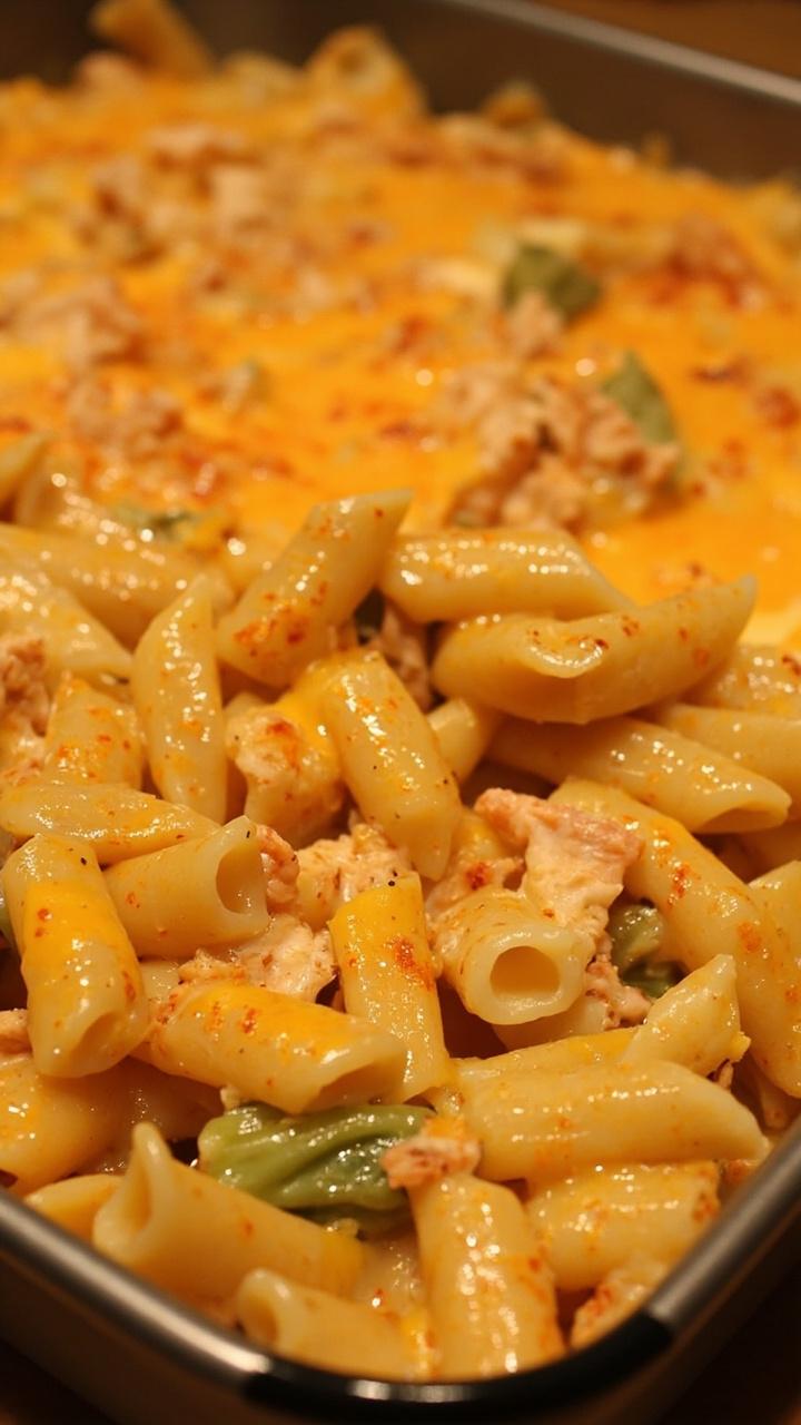 A squared casserole dish brimming with penne bathed in creamy sauce, visible artichoke hearts and crab throughout, topped with melted golden cheese and a light sprinkle of paprika.
