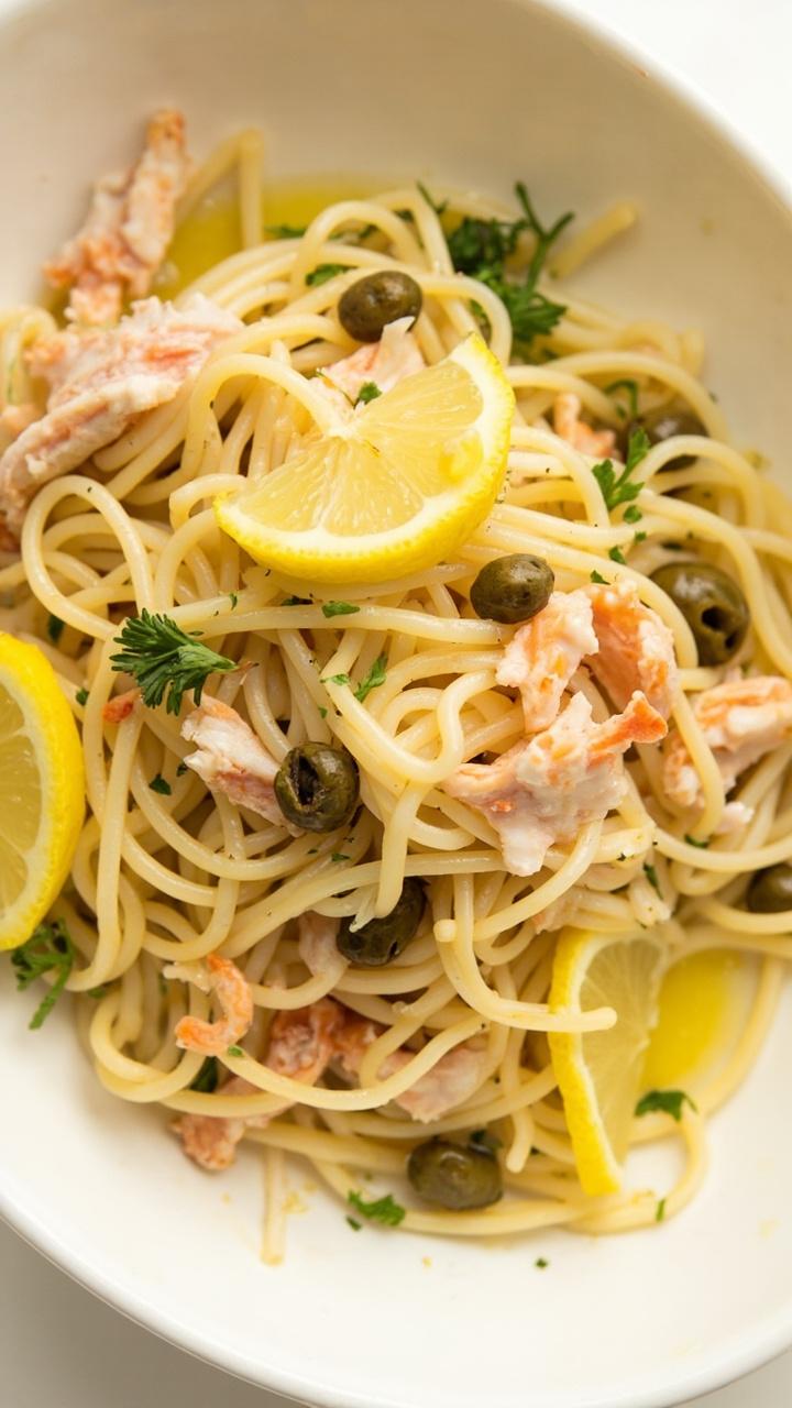A low bowl of delicate angel hair pasta glistening with olive oil, tossed with ribbons of crab, fresh parsley, and thin slices of lemon. Scattered capers for a pop of color.