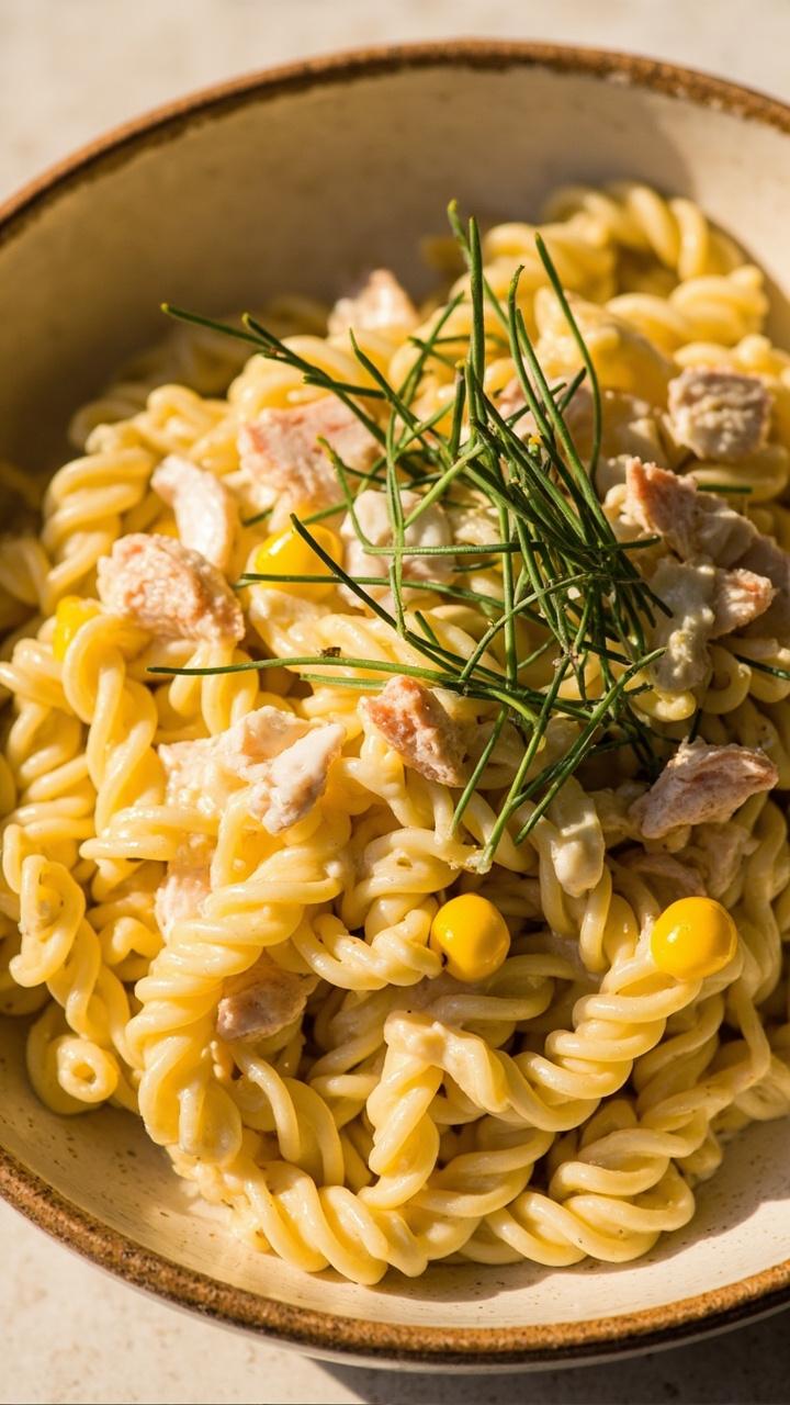 A round ceramic bowl of short pasta (like rotini) in a creamy pale yellow sauce, dotted with golden corn kernels and flaky crab meat, topped with fresh tarragon.