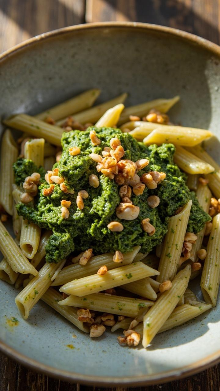 Twists of penne pasta glistening with a bright green basil pesto, flecked with delicate crab meat, served in a large shallow bowl, topped with toasted pine nuts.