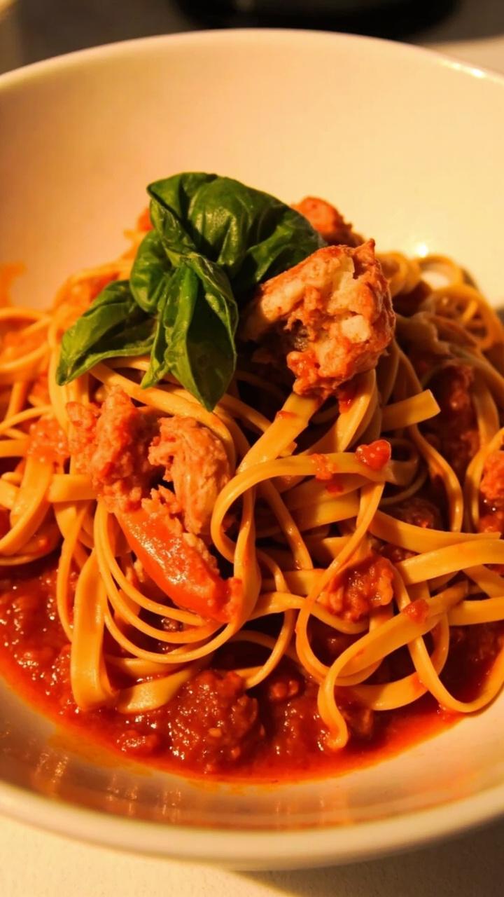 Long tagliatelle ribbons tangled in a chunky tomato sauce, loaded with crab meat and garnished with lots of basil leaves. Served in a wide white pasta dish.
