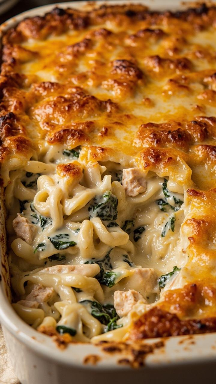 A deep casserole of baked ziti, creamy white sauce swirling with crab meat and wilted spinach, covered in bubbling cheese, served in hearty scoops onto plates.