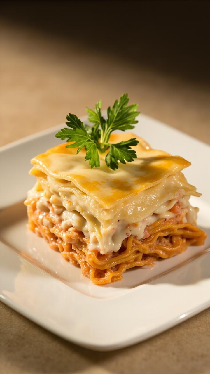 A square slice of lasagna with alternating layers of pale noodles, white Alfredo sauce, flecks of pink crab, and gooey melted mozzarella, served on a white plate with a sprig of parsley.